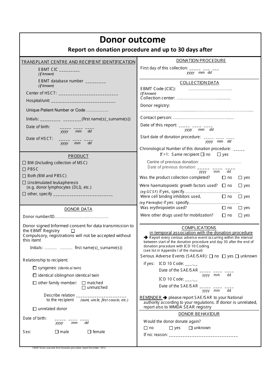 Stem Cells Donor Outcome Form - Report on Donation Procedure and up to 30 Days After - Hsct - Ebmt, Page 1