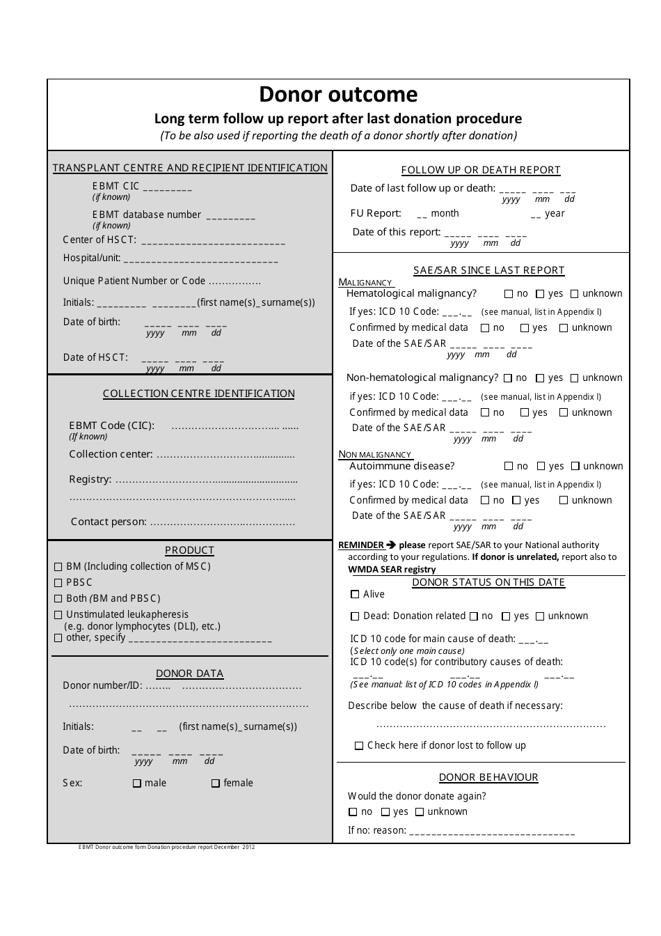 Stem Cells Donor Outcome Form - Report on Donation Procedure and up to 30 Days After - Hsct - Ebmt, Page 2
