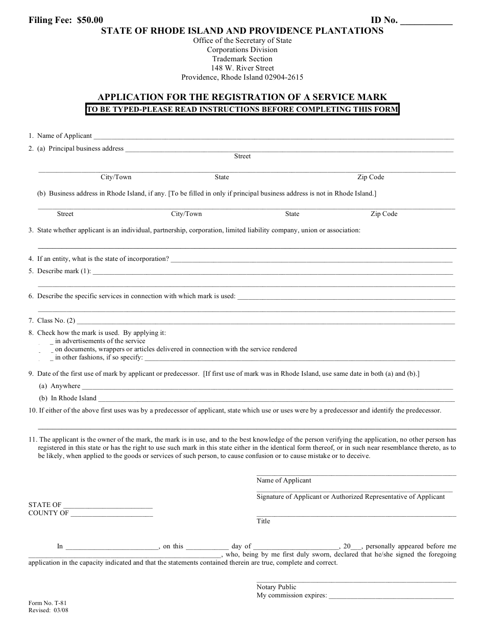Form T-81 Application for the Registration of a Service Mark - Rhode Island, Page 1