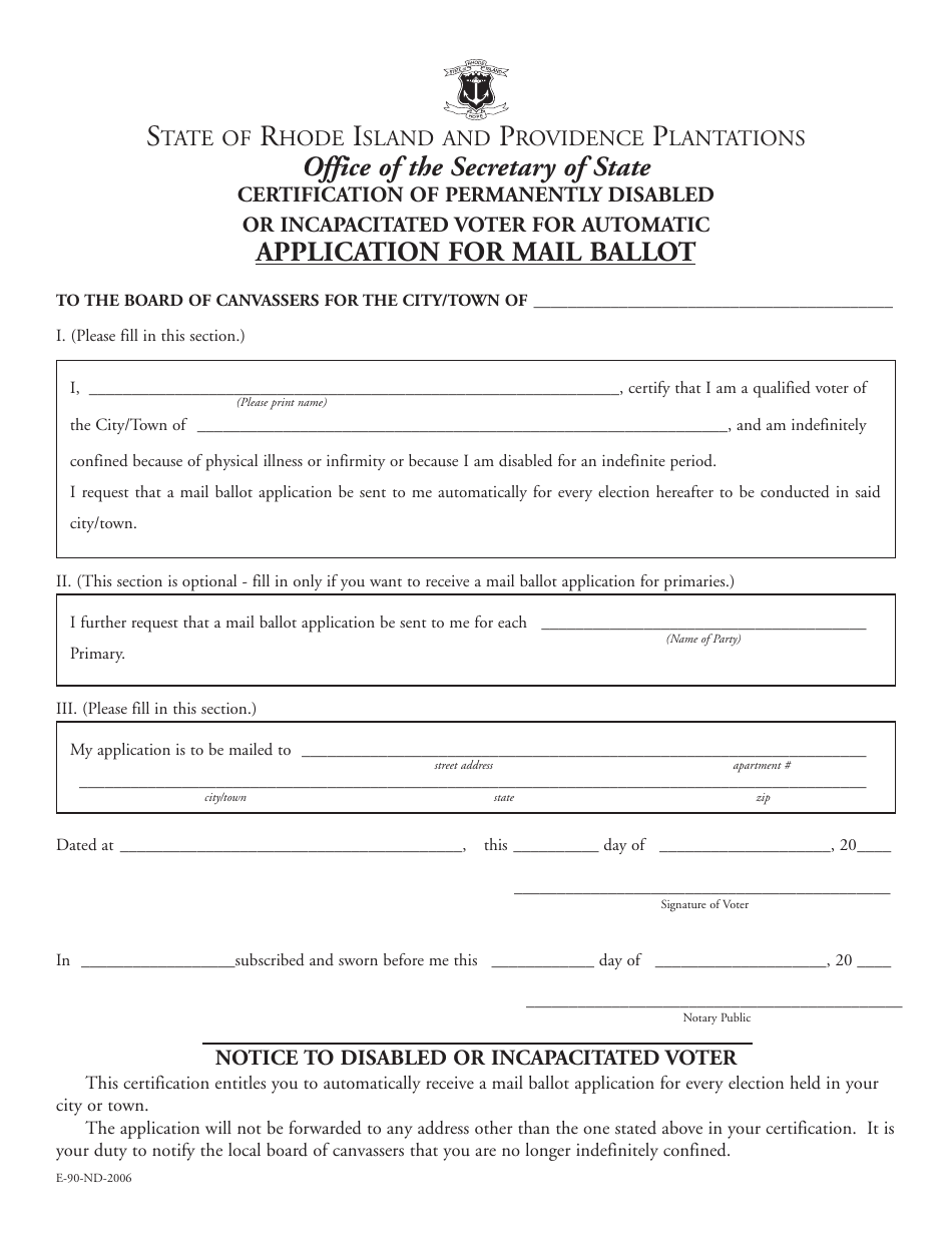 Form E-90-ND Certification of Permanently Disabled or Incapacitated Voter for Automatic Application for Mail Ballot - Rhode Island, Page 1
