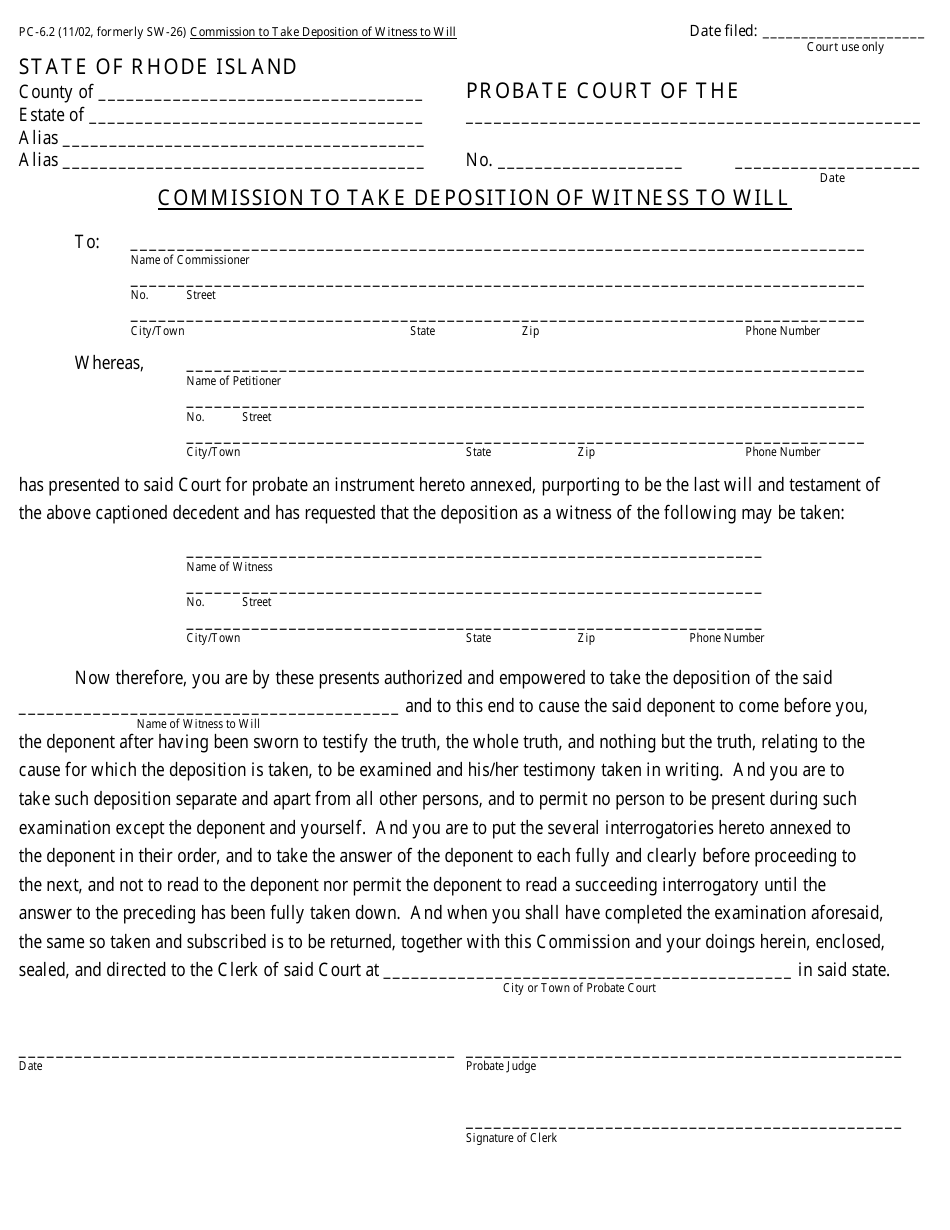Form PC-6.2 Commission to Take Deposition of Witness to Will - Rhode Island, Page 1