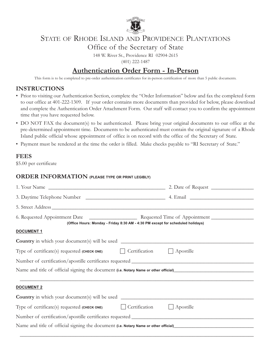 Rhode Island Authentication Order Form inPerson Fill Out, Sign