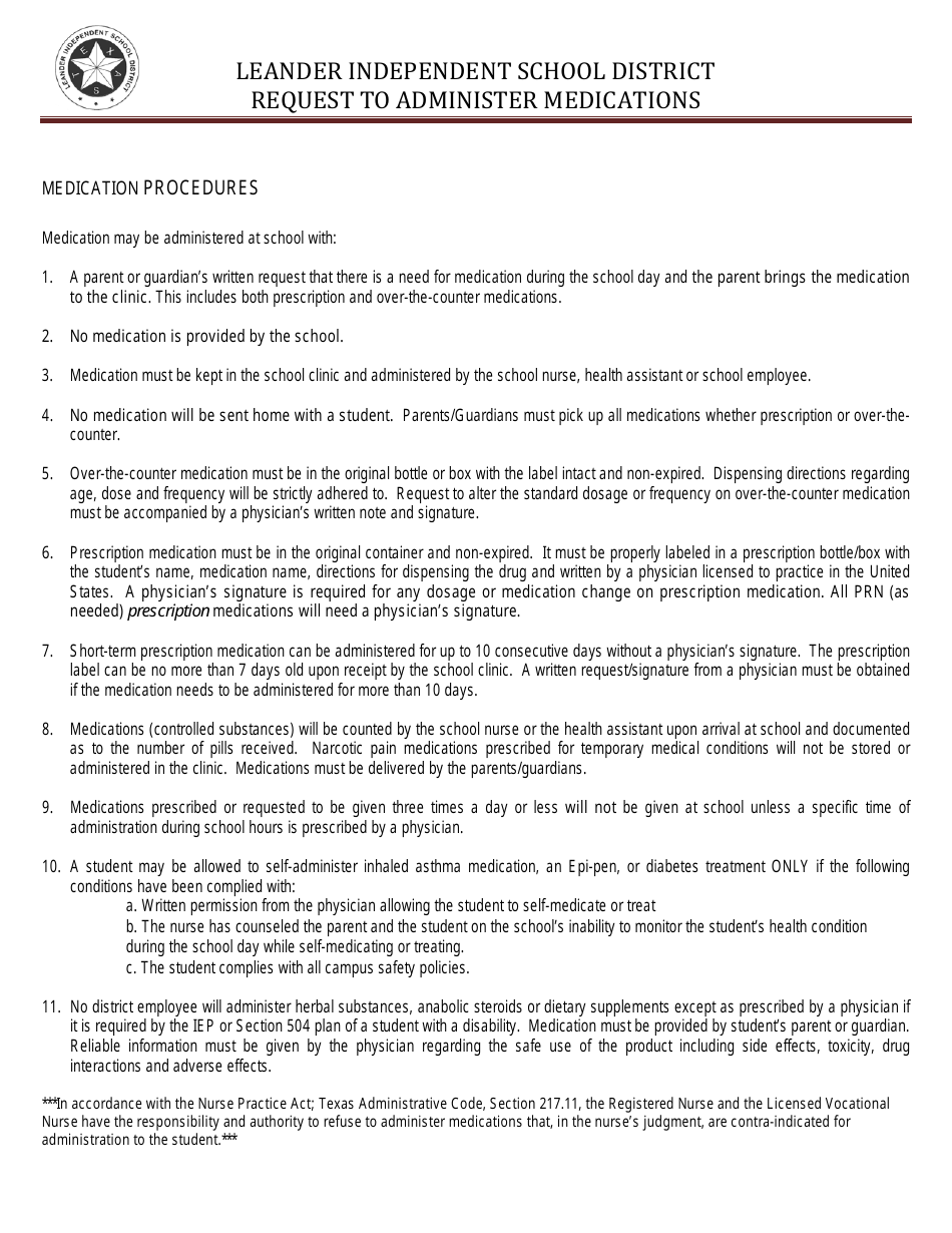 Request to Administer Medication - Leander Independent School District, Page 2