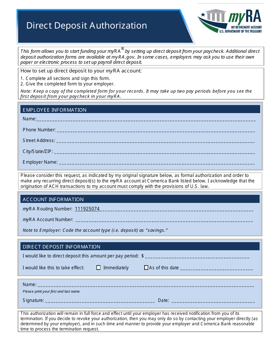 Myra Direct Deposit Authorization Form, Page 1