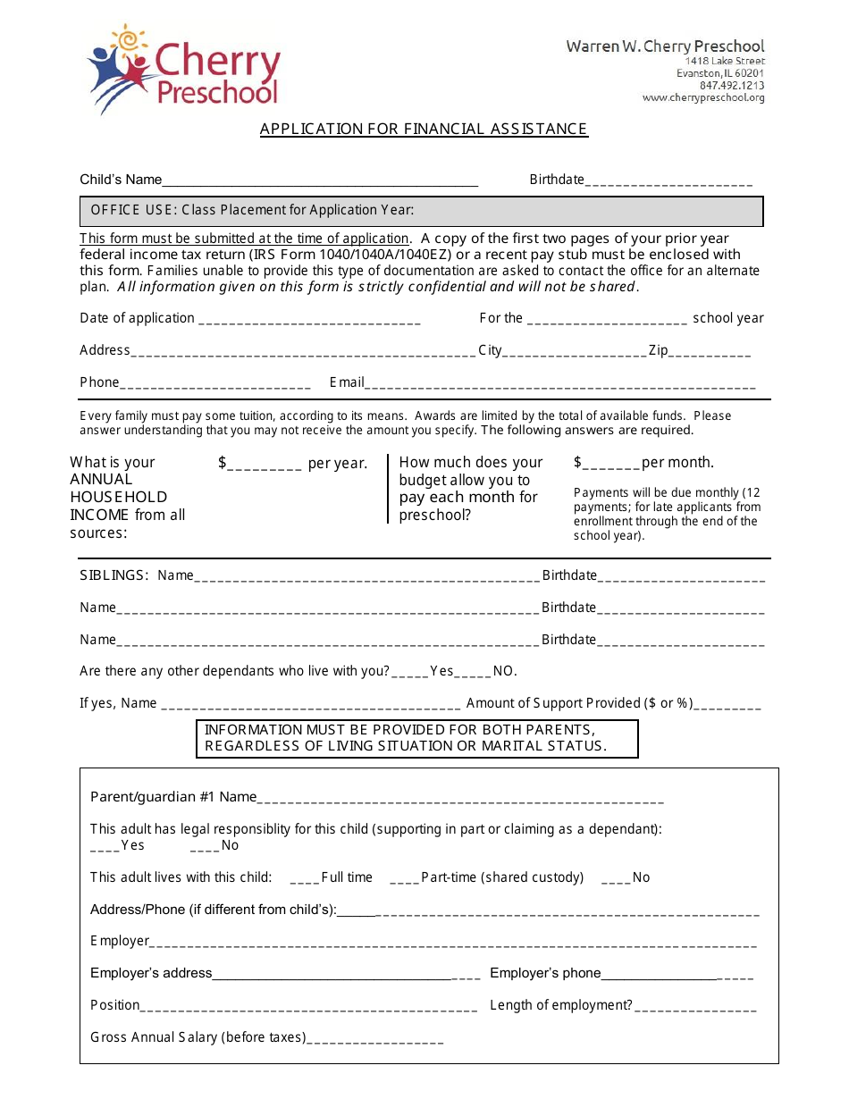 Application for Financial Assistance - Cherry Preschool, Page 1