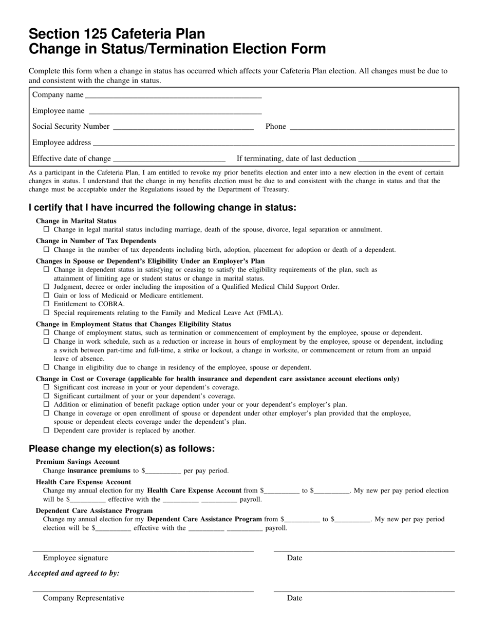 Change in Status/Termination Election Form - Section 125 Cafeteria Plan ...