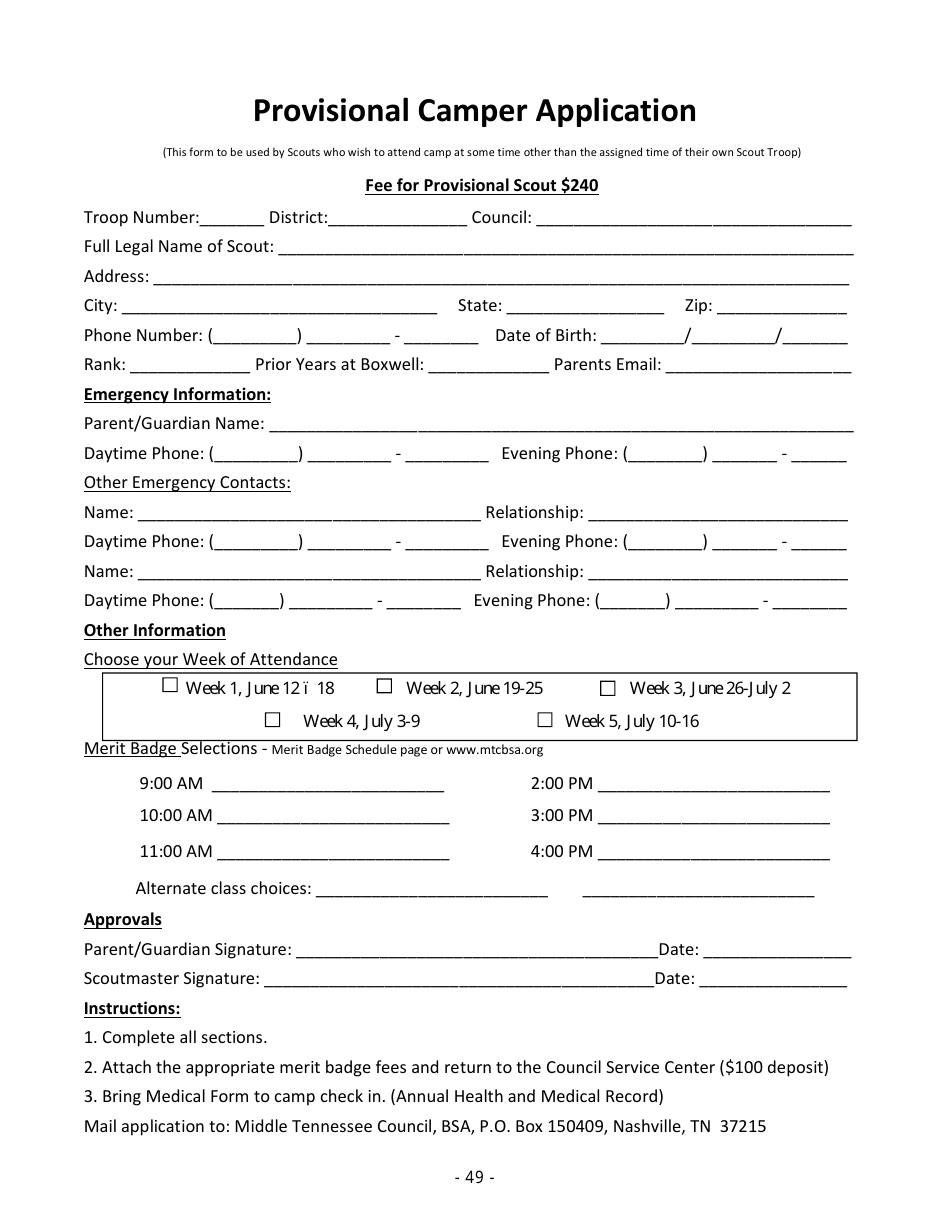 Provisional Camper Application Form - Middle Tennessee Council - Boy Scouts of America - Tennessee, Page 1