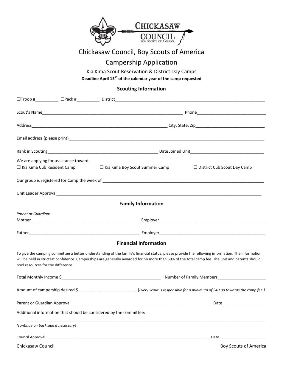 Arkansas Campership Application Form Kia Kima Scout Reservation