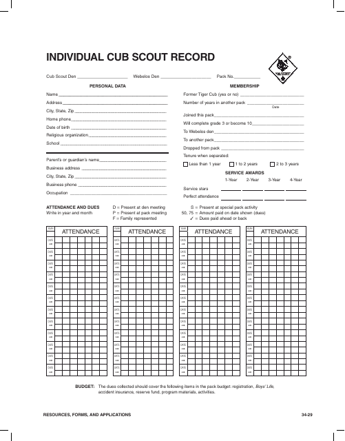 Individual Cub Scout Record Form - Boy Scouts of America Download Pdf