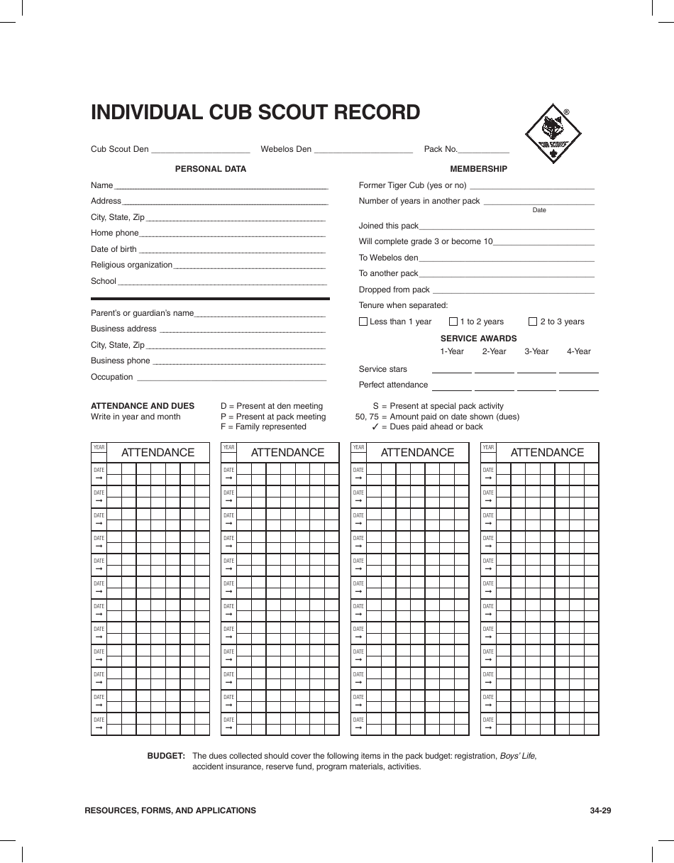 Individual Cub Scout Record Form - Boy Scouts of America, Page 1
