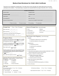 Medical Data Worksheet for Child&#039;s Birth Certificate - Texas