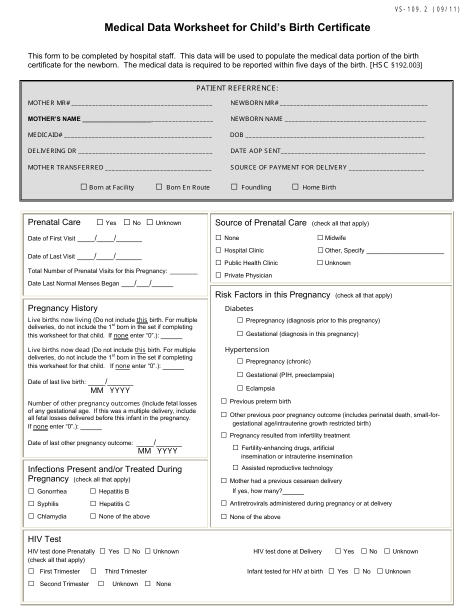 Medical Data Worksheet for Childs Birth Certificate - Texas, Page 1