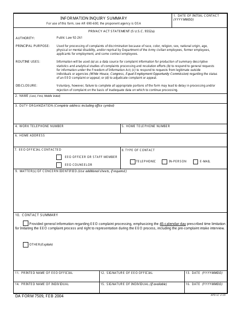 DA Form 7509  Printable Pdf