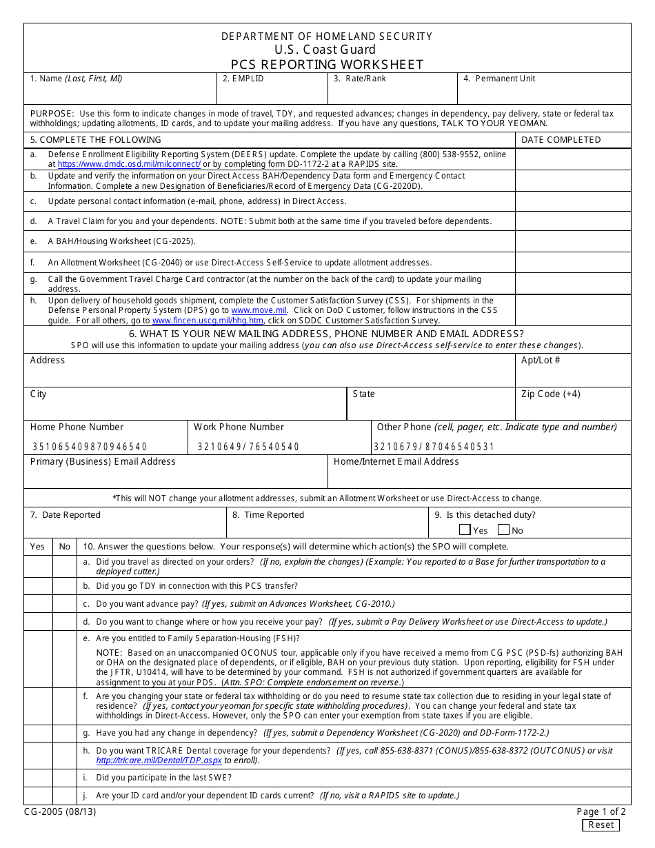 Form CG-2005 PCS Reporting Worksheet, Page 1
