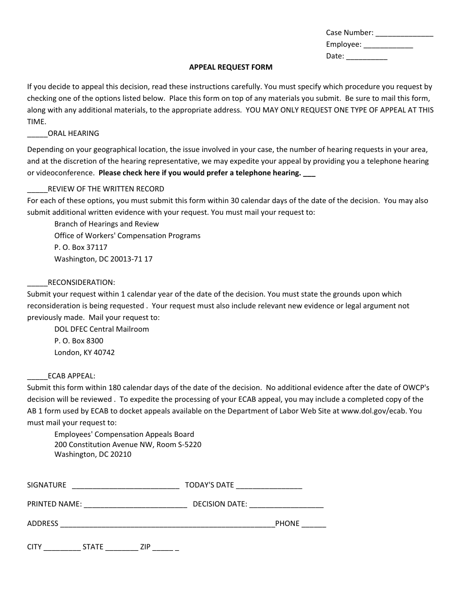Owcp Appeal Request Form, Page 1