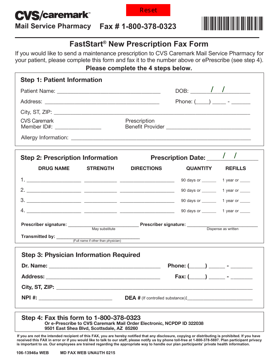 Form 106-13946a Faststart New Prescription Fax - Cvs Caremark - Arizona, Page 1