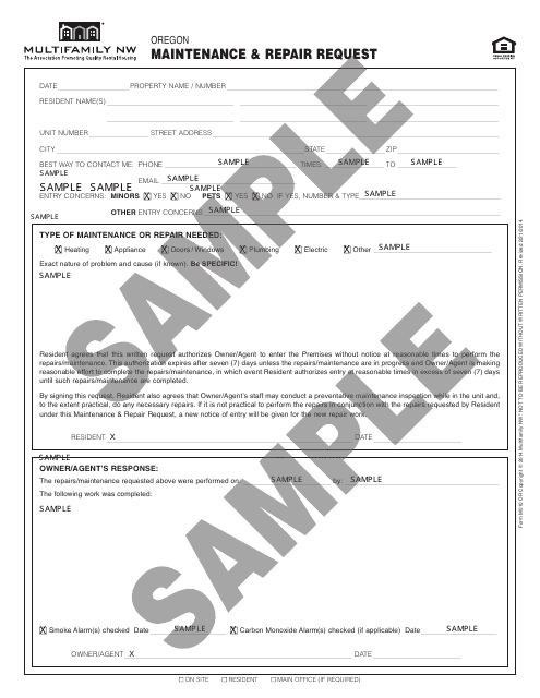 Form M010 OR Maintenance & Repair Request Form - Multifamily Nw - Sample - Oregon