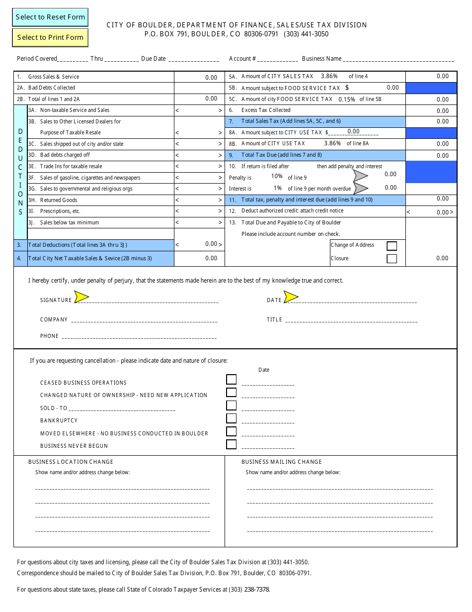 City of Boulder, Colorado Sales/Use Tax Return Form Fill Out, Sign