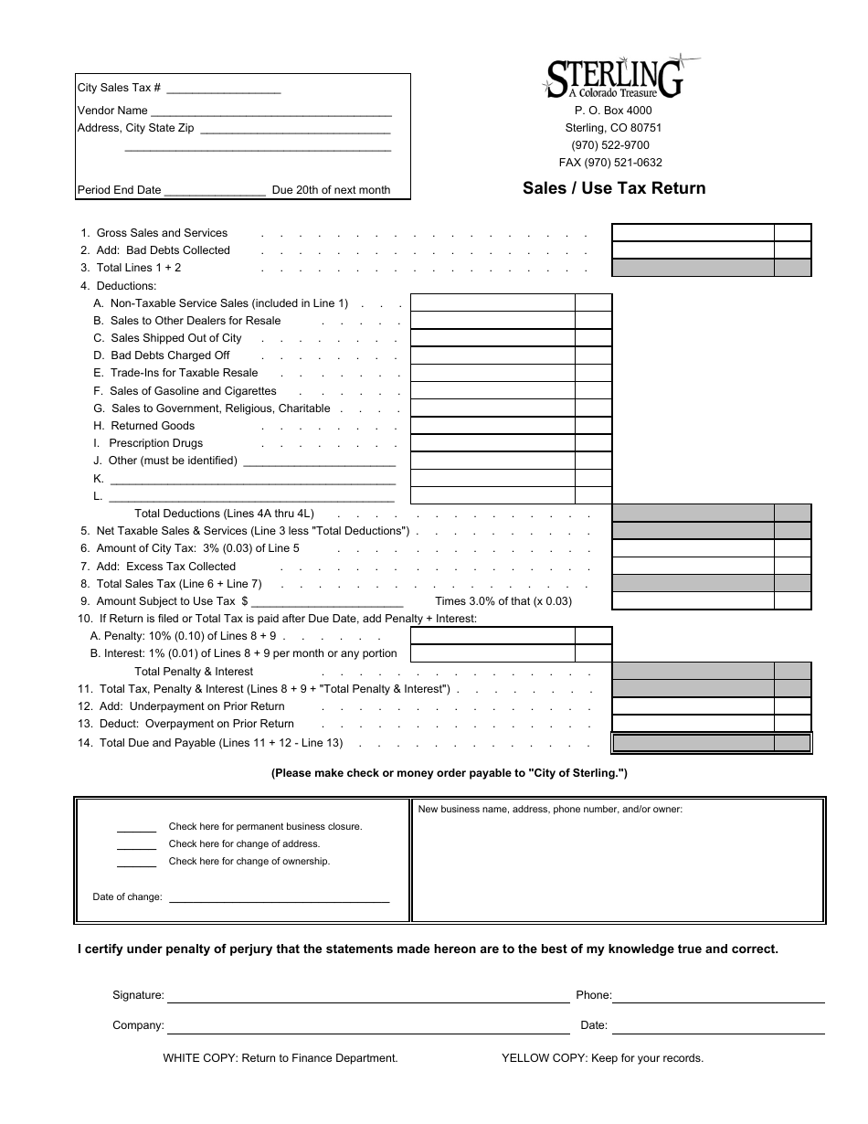 Sales / Use Tax Return Form - City of Sterling, Colorado, Page 1