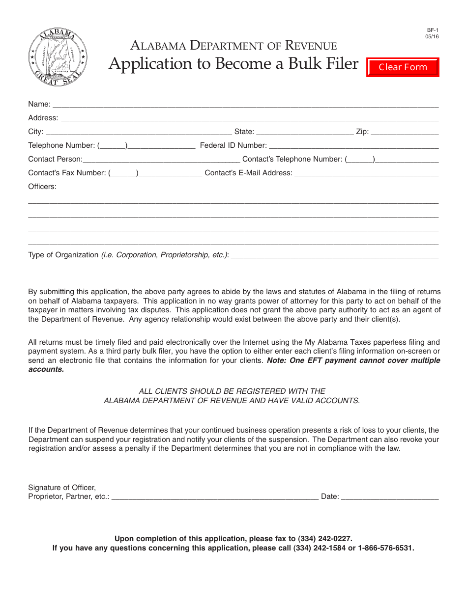 Form BF-1 Application to Become a Bulk Filer - Alabama, Page 1