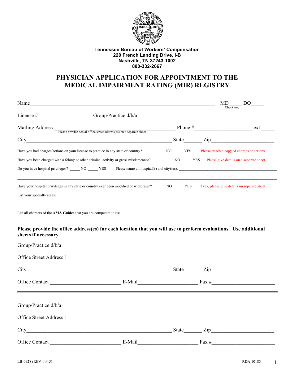 Form LB-0928 Physician Application for Appointment to the Medical Impairment Rating (Mir) Registry - Tennessee, Page 1