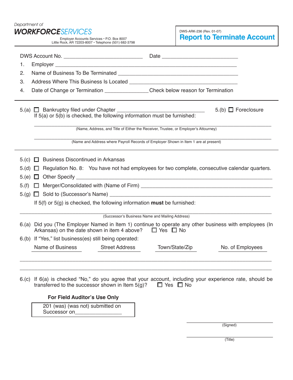 Form DWS-ARK-236 Report to Terminate Account - Arkansas, Page 1