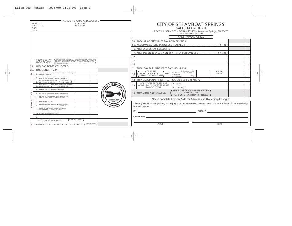 Sales Tax Return Form - City of Steamboat Springs, Colorado, Page 1
