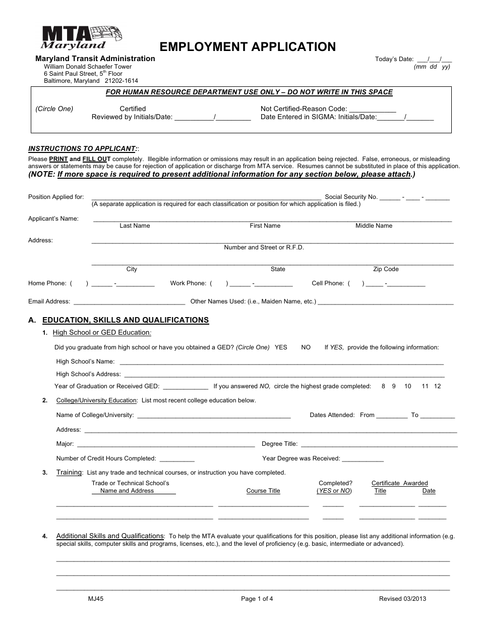 Form MJ45 Employment Application - Maryland, Page 1
