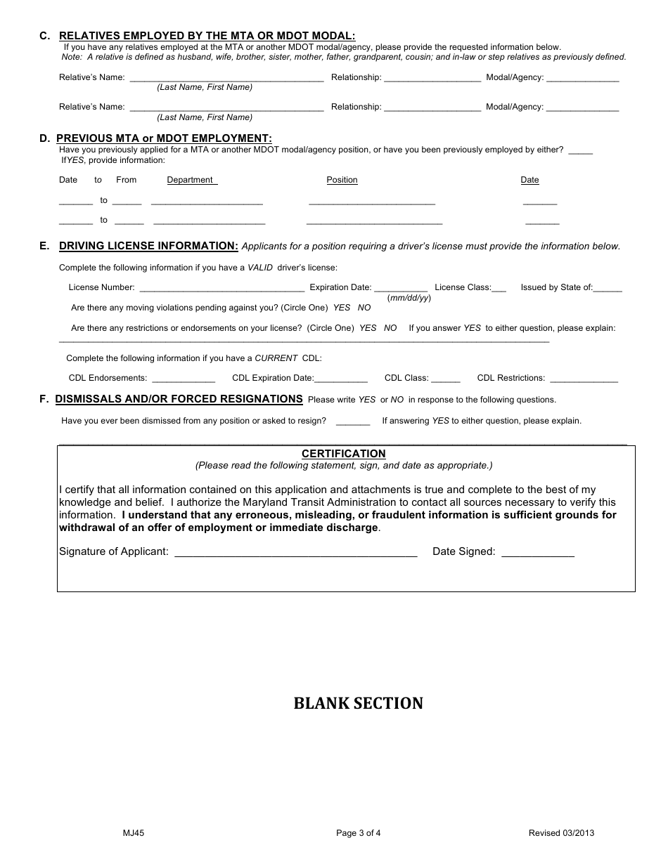 Form MJ45 Employment Application - Maryland, Page 3