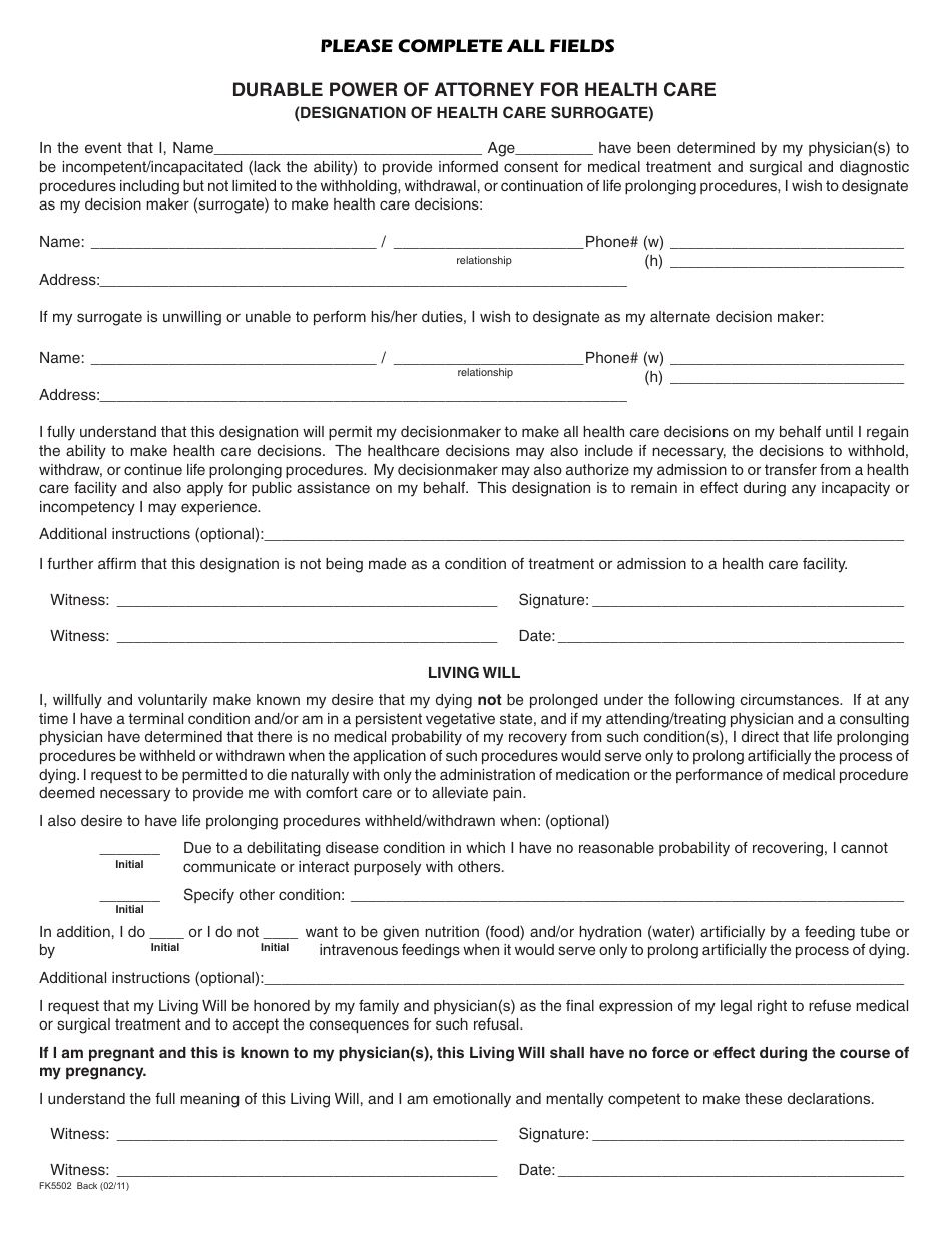 Durable Power of Attorney Form for Health Care (Designation of Health Care Surrogate), Page 1