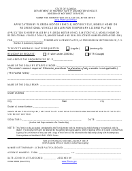 Document preview: Form HSMV83090 Application by Florida Motor Vehicle, Motorcycle, Mobile Home or Recreational Vehicle Dealer for Temporary License Plates - Florida