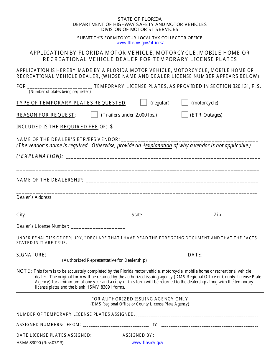 Form HSMV83090 Application by Florida Motor Vehicle, Motorcycle, Mobile Home or Recreational Vehicle Dealer for Temporary License Plates - Florida, Page 1