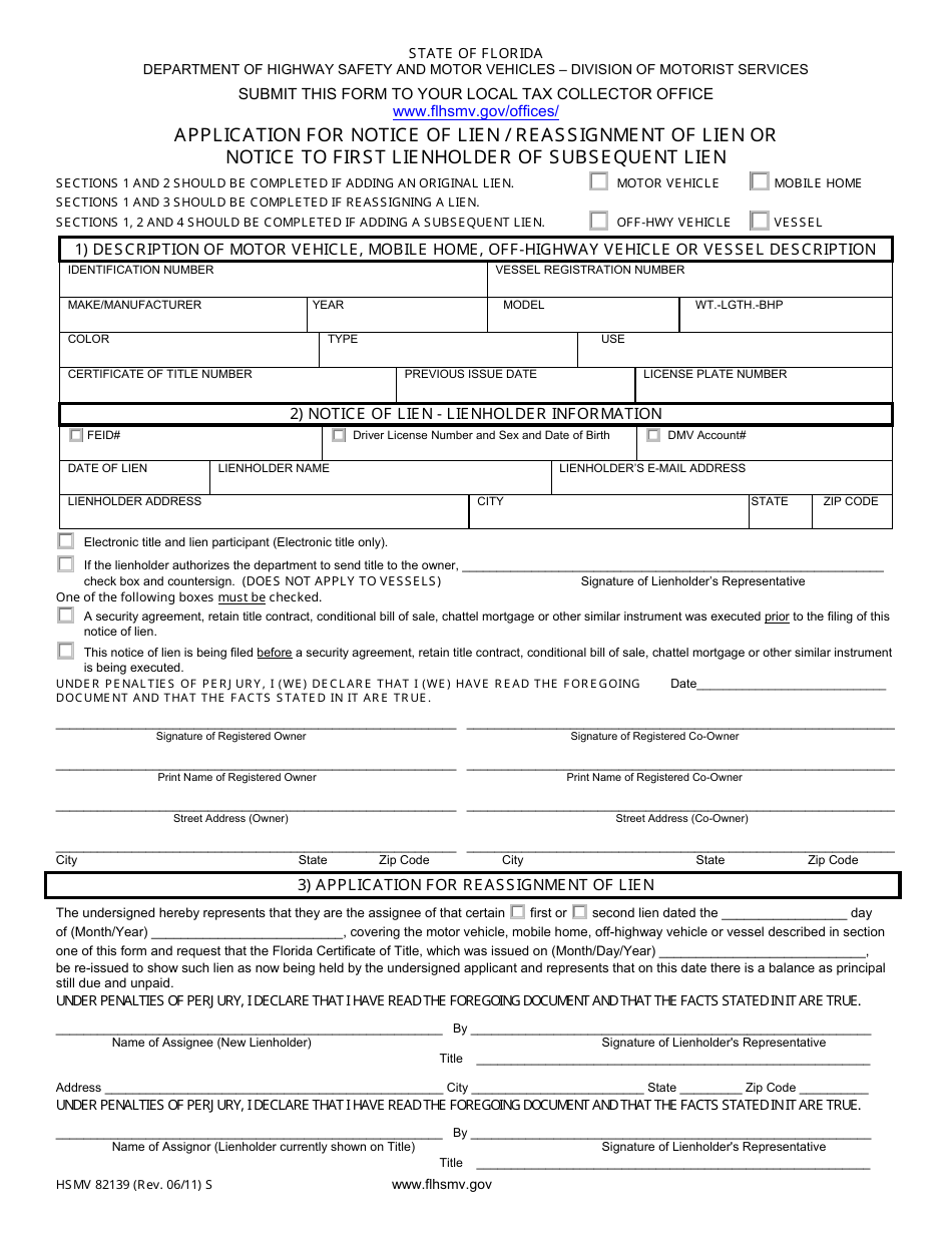 Form HSMV82139 Application for Notice of Lien / Reassignment of Lien or Notice to First Lienholder of Subsequent Lien - Florida, Page 1