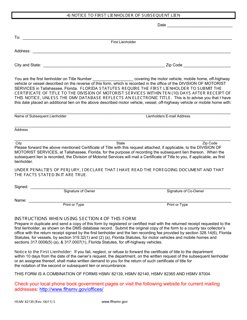 Form HSMV82139 Application for Notice of Lien / Reassignment of Lien or Notice to First Lienholder of Subsequent Lien - Florida, Page 2