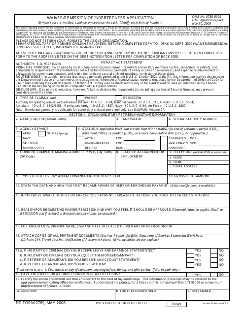 DD Form 2789  Printable Pdf