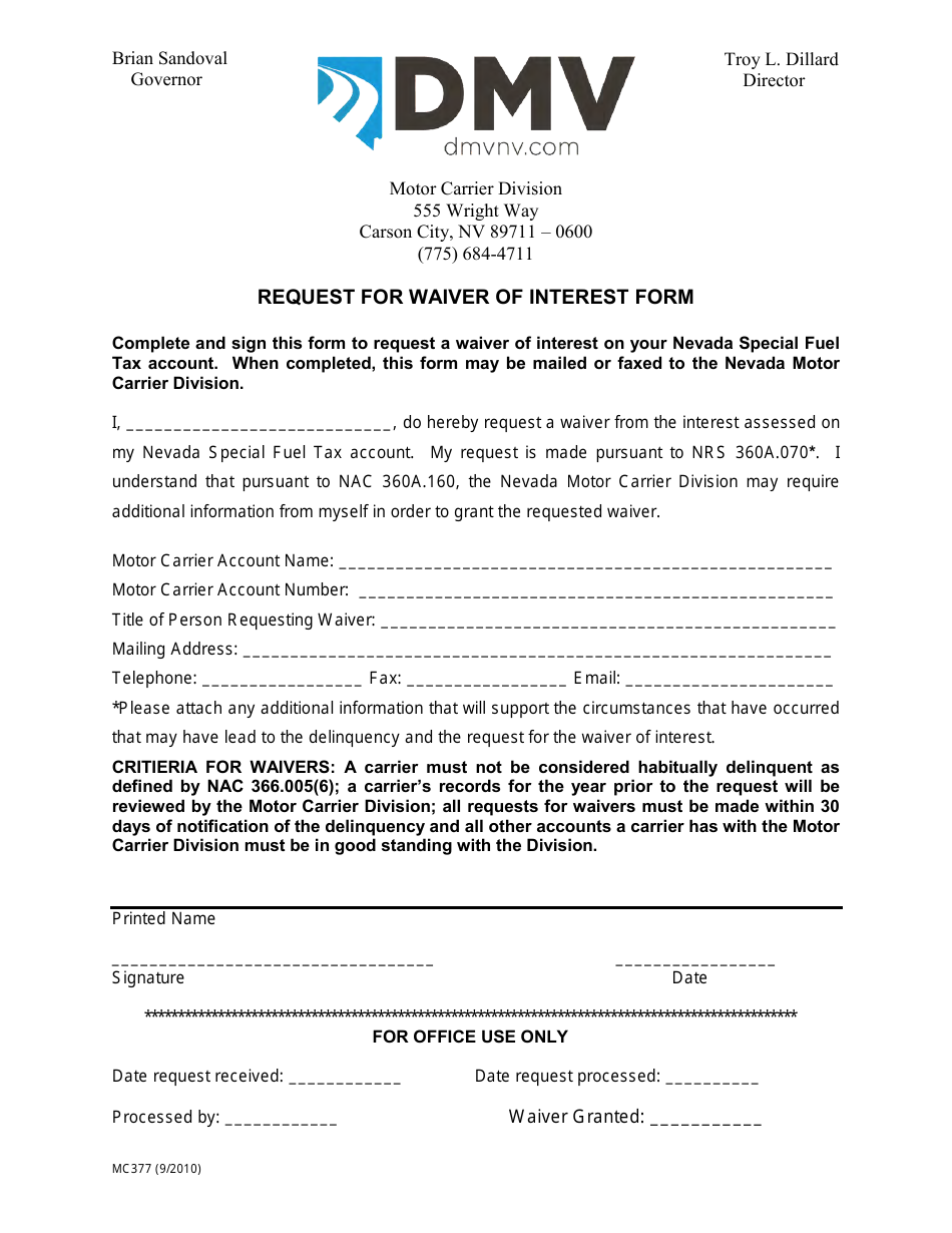 Form MC377 Request for Waiver of Interest Form - Nevada, Page 1