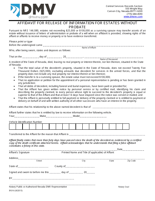 Form IR016 Affidavit for Release of Information for Estates Without Probate - Nevada