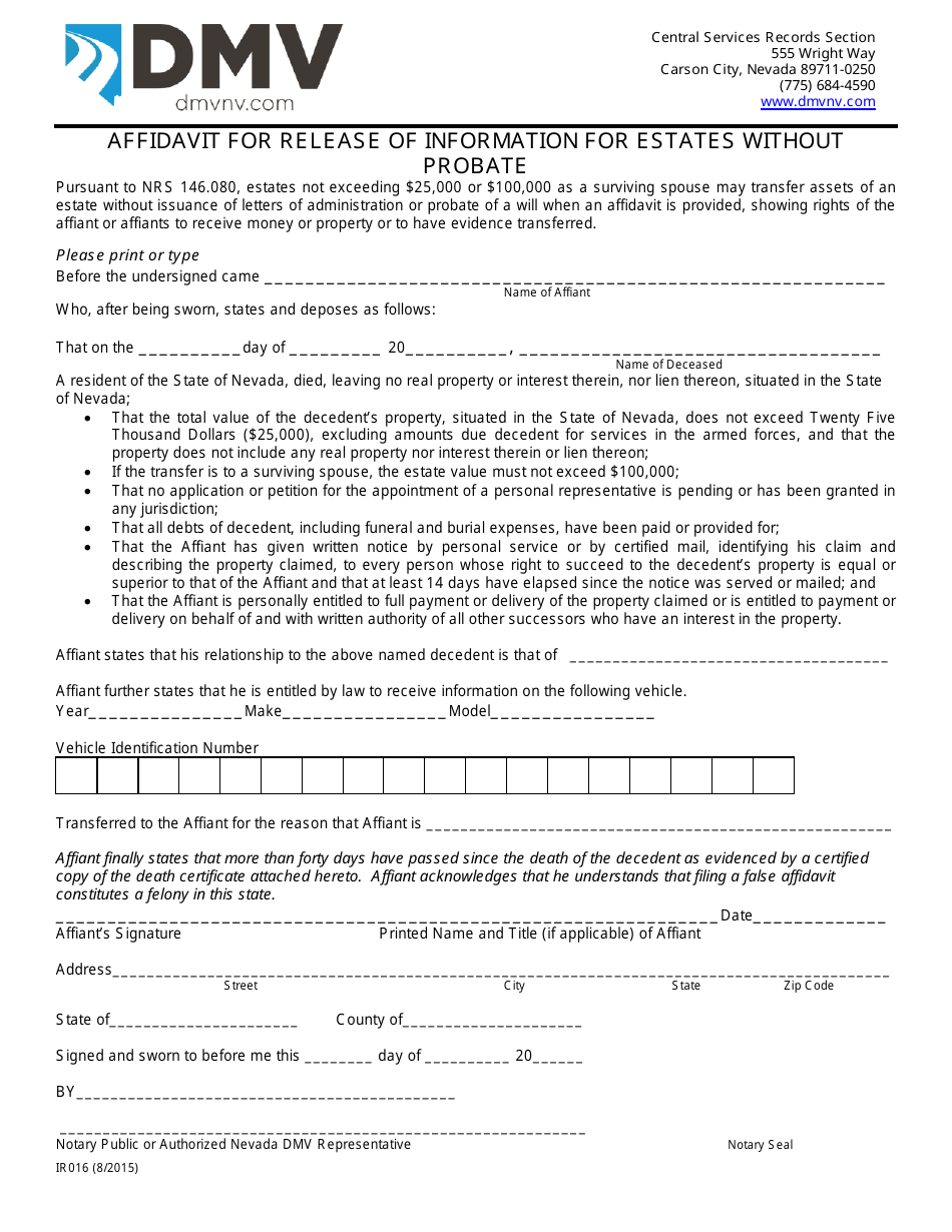 Form IR016 Affidavit for Release of Information for Estates Without Probate - Nevada, Page 1