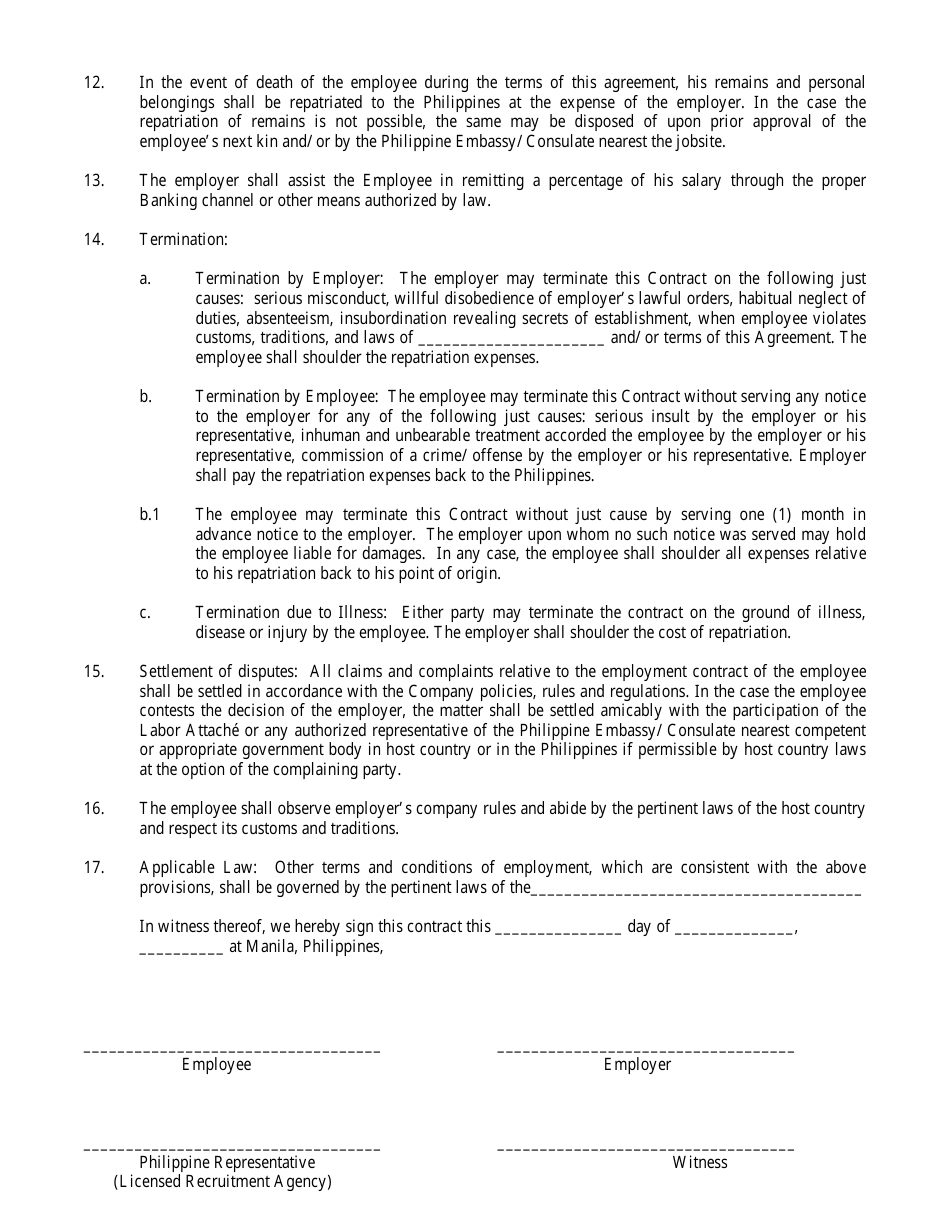 Philippines Employment Contract for Various Skills - Fill Out, Sign ...