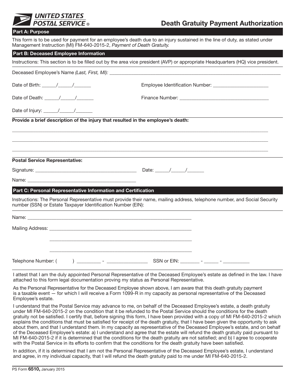 PS Form 6510 Death Gratuity Payment Authorization, Page 1