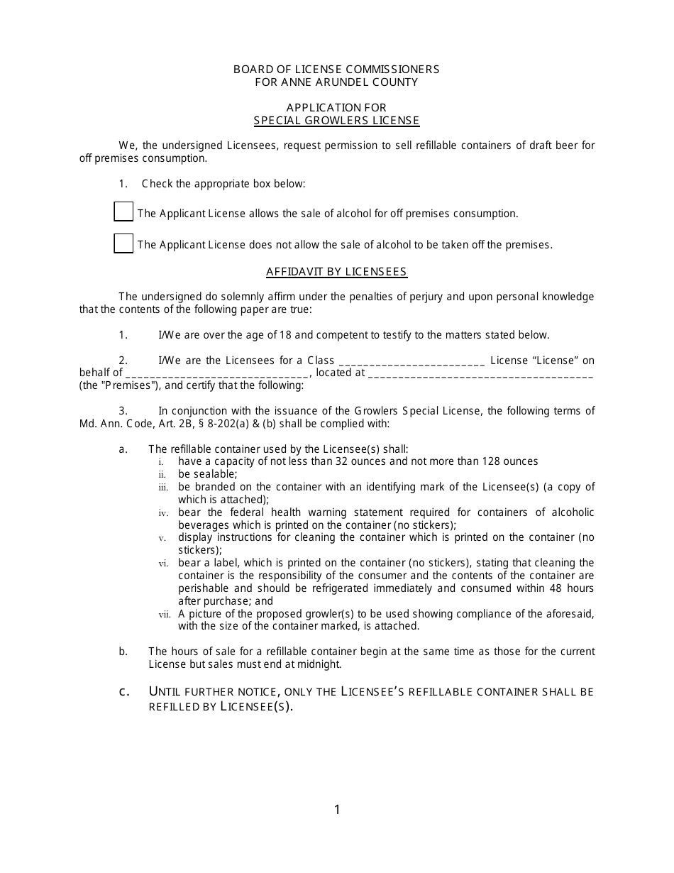 Special Growlers License Application and Affidavit Form - Anne Arundel County, Maryland, Page 1