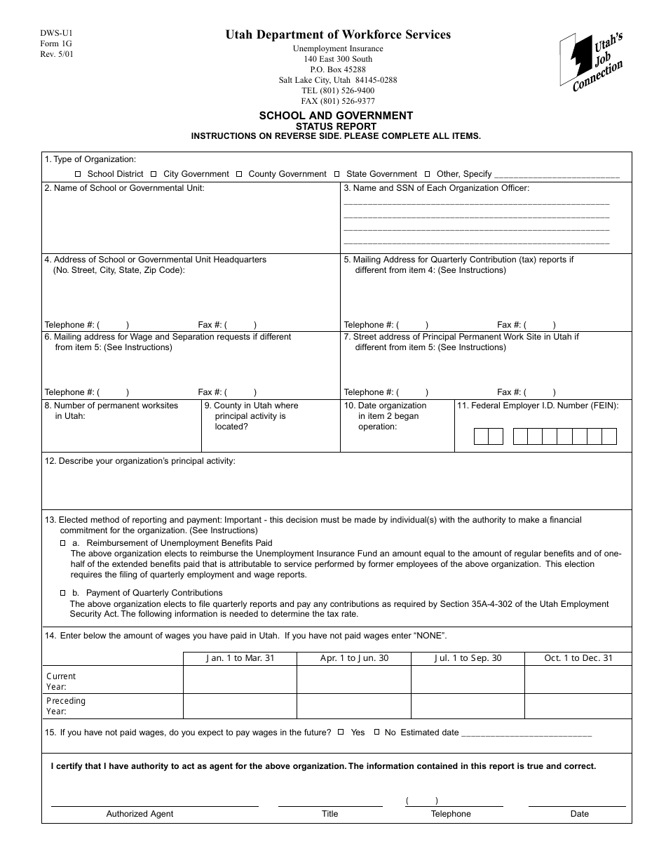 Form 1g School and Government Status Report - Utah, Page 1