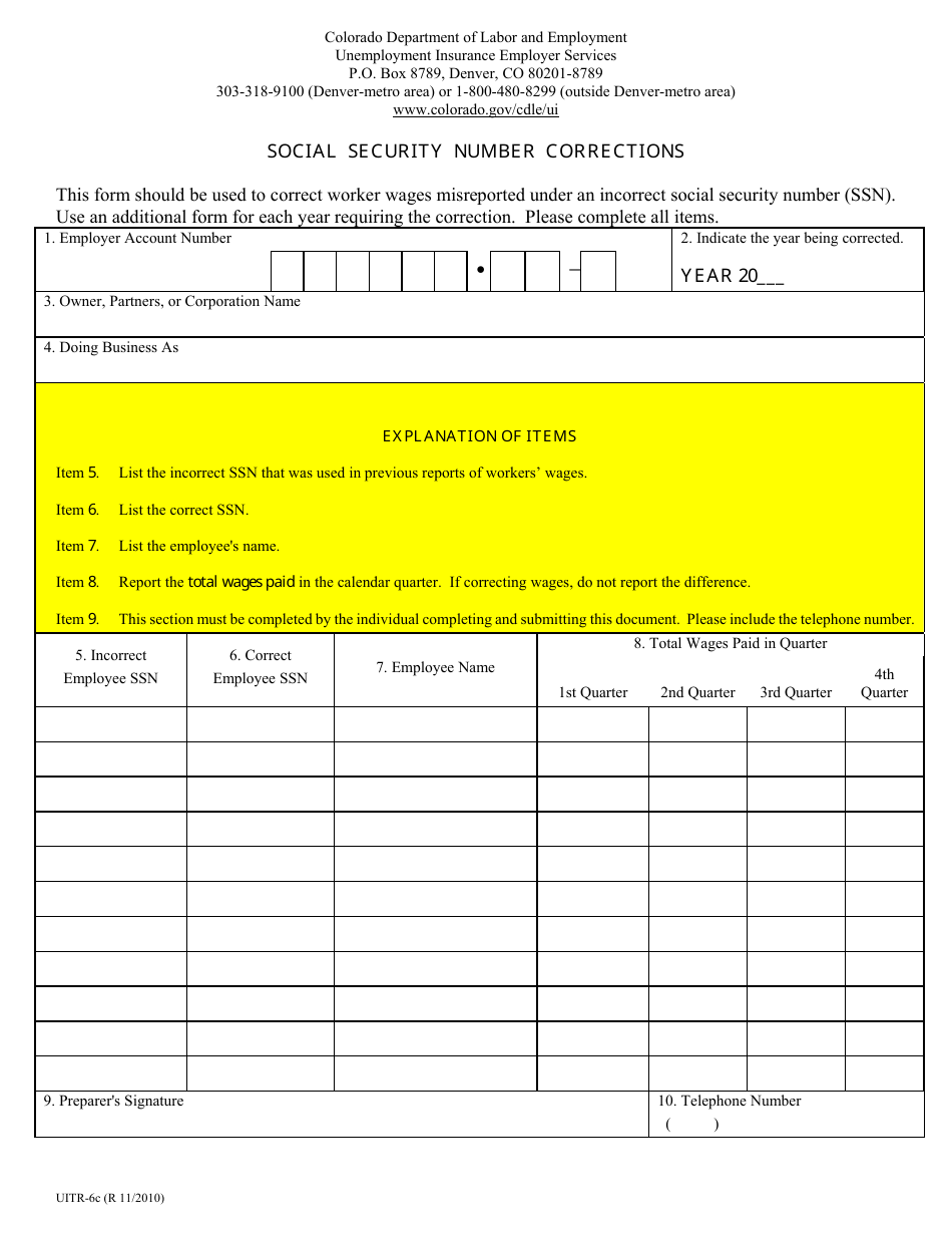 Form UITR-6C Social Security Number Corrections - Colorado, Page 1