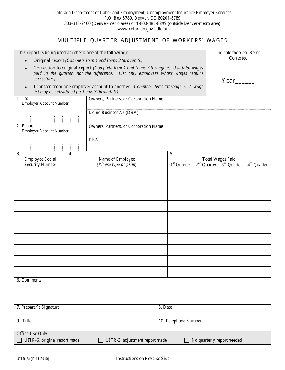 Form UITR-6a Multiple Quarter Adjustment of Workers Wages - Colorado, Page 1