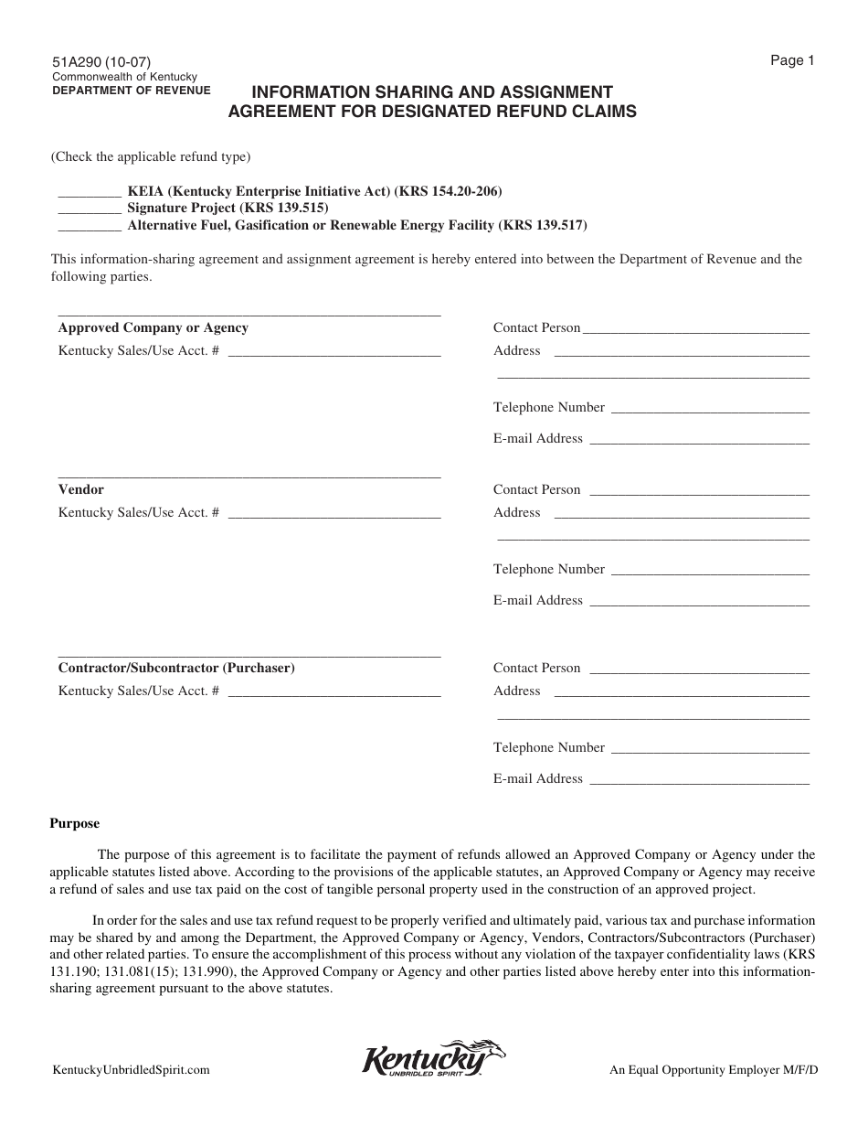 Form 51A290 Information Sharing and Assignment Agreement for Designated Refund Claims - Kentucky, Page 1