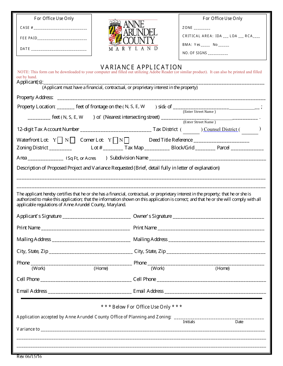Variance Application Form - Anne Arundel County, Maryland, Page 1