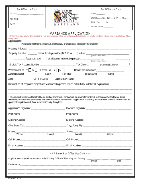 Variance Application Form - Anne Arundel County, Maryland Download Pdf
