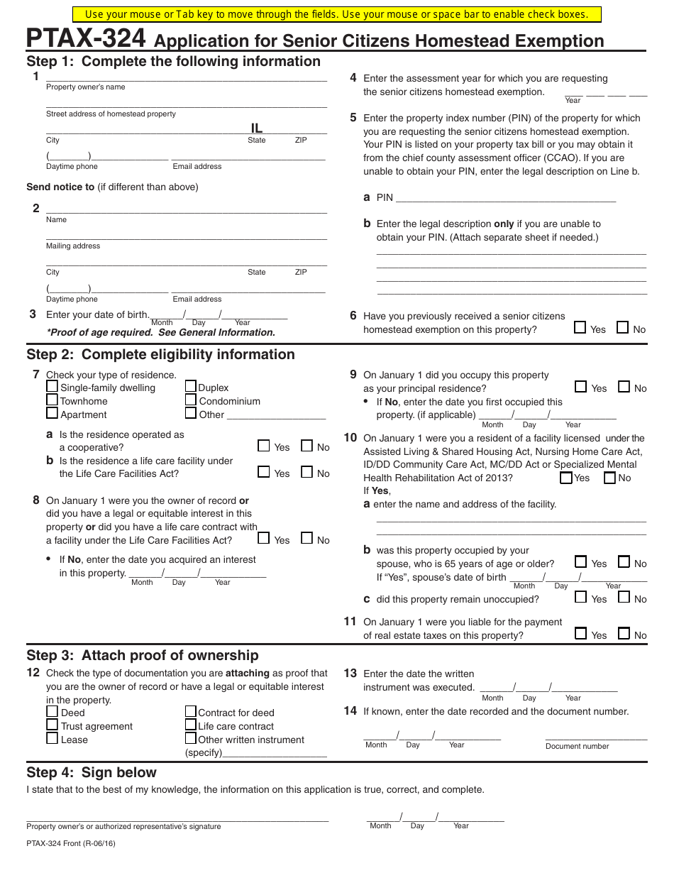 Form PTAX-324 Application for Senior Citizens Homestead Exemption - Illinois, Page 1