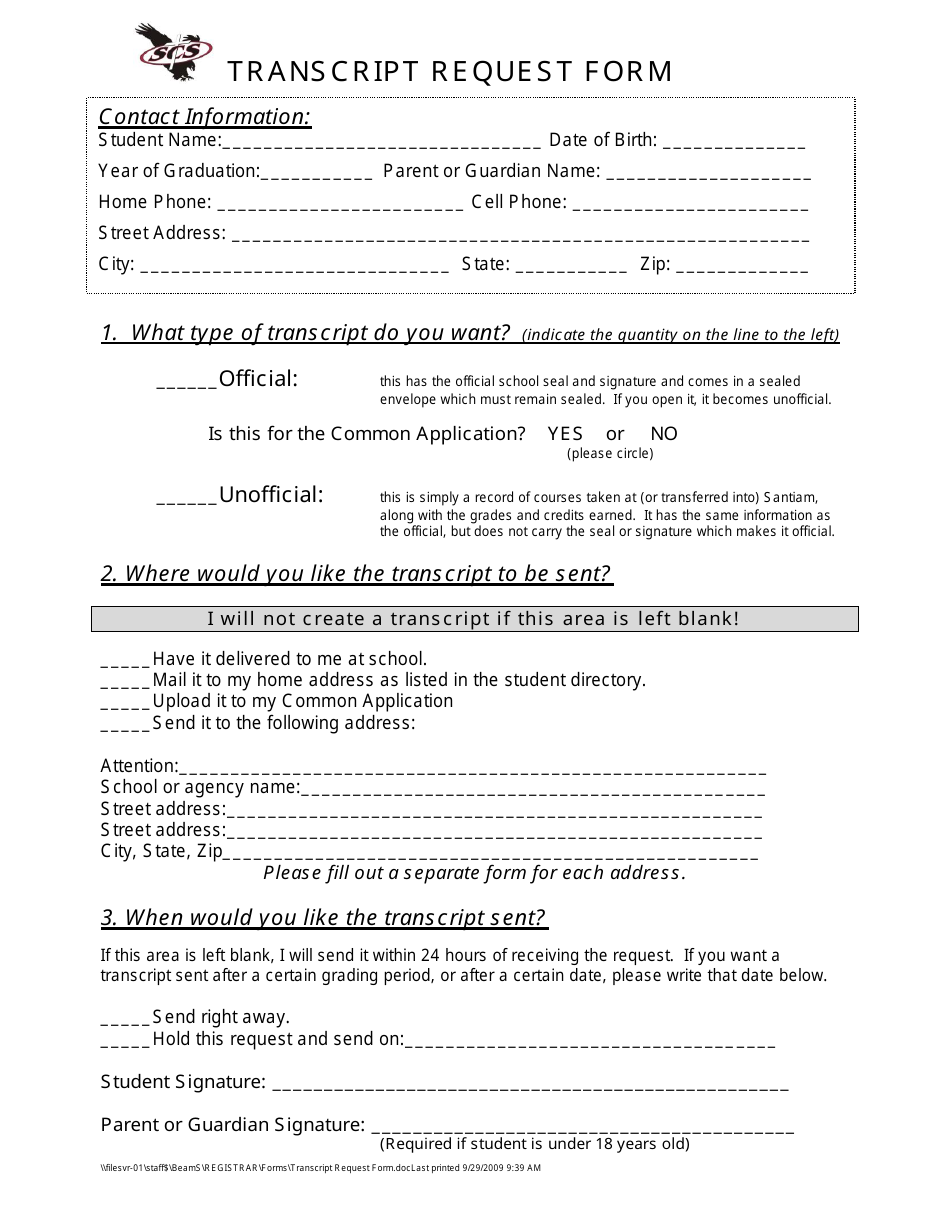 Transcript Request Form - Scs, Page 1