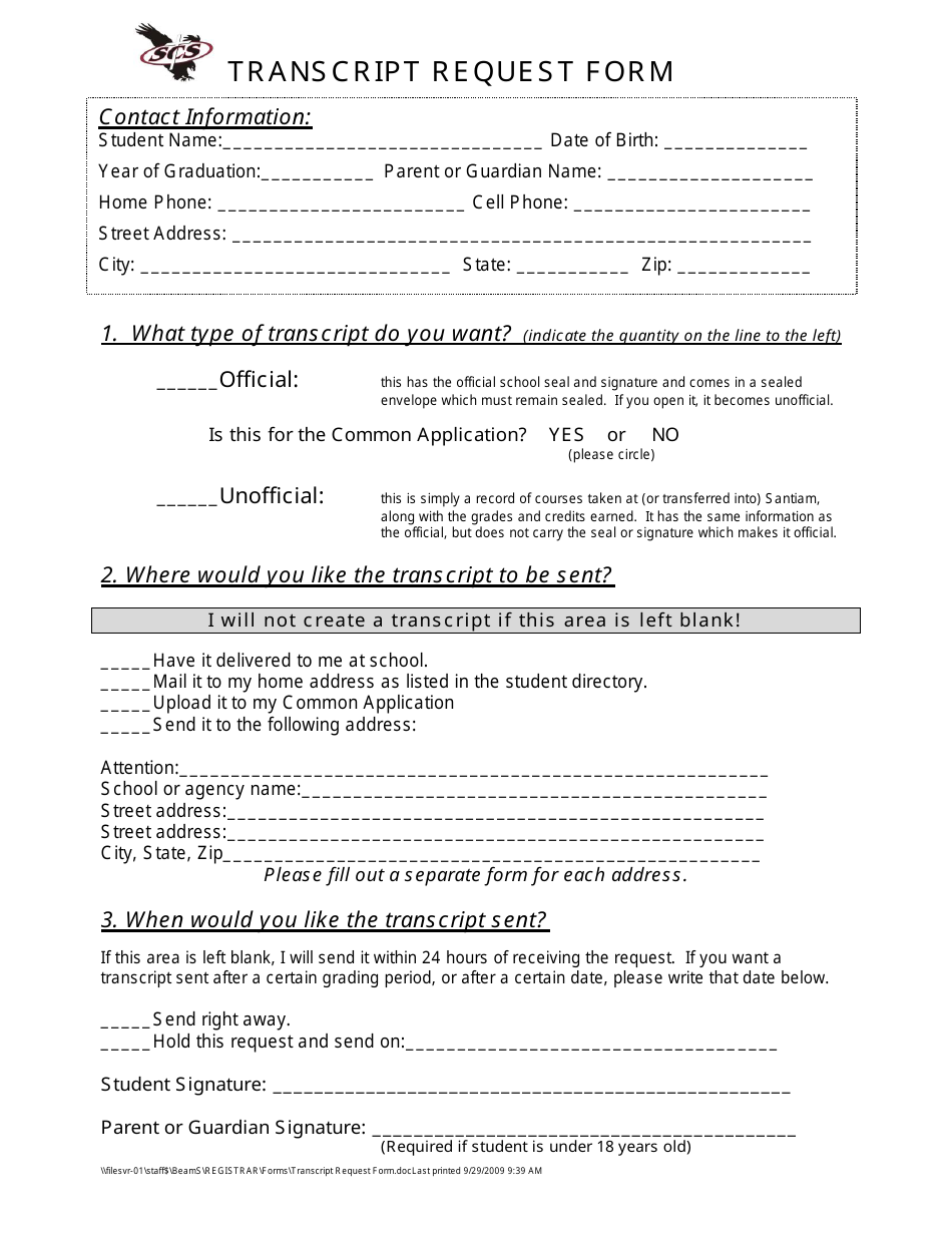 Transcript Request Form - Scs - Fill Out, Sign Online and Download PDF ...